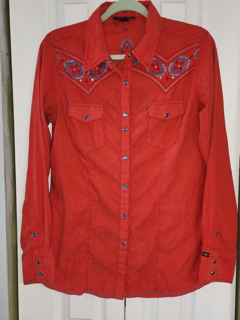 Women’s Red Embroidered Button-Down Shirt